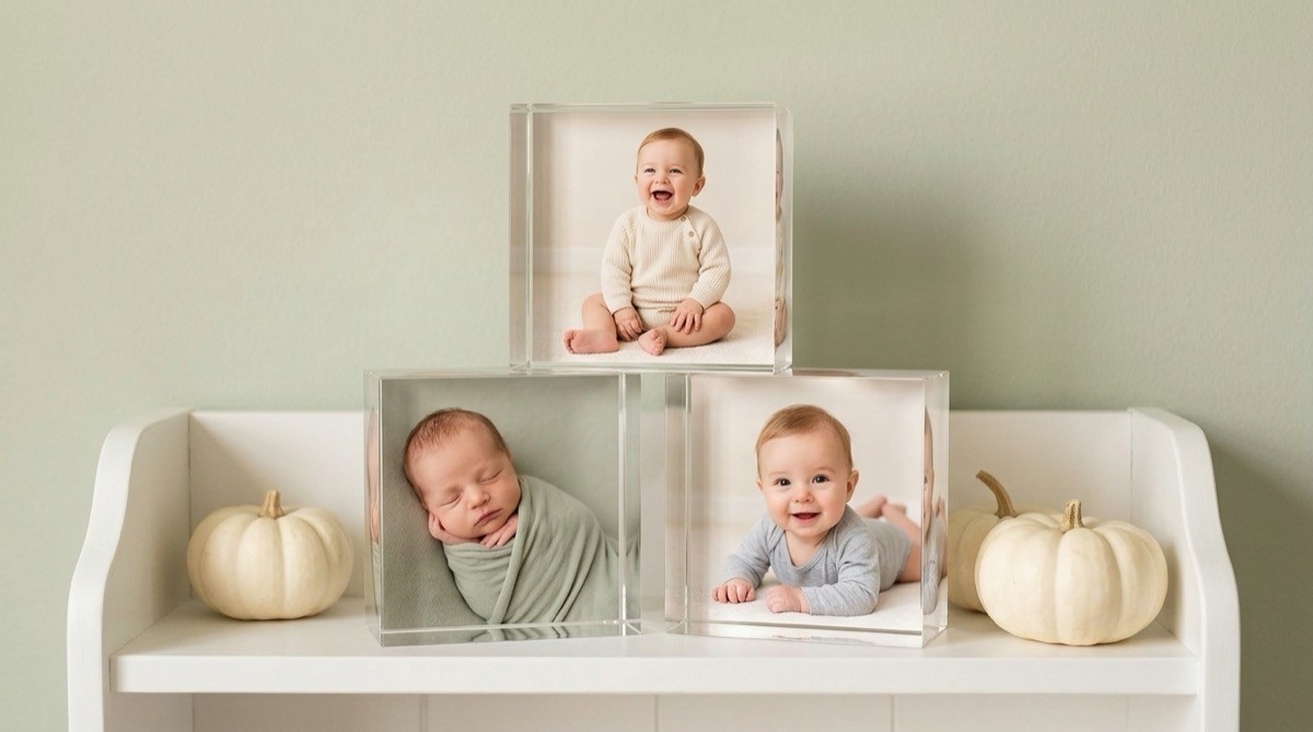 Stack of three acrylic baby photo blocks on a nursery shelf beside mini pumpkins