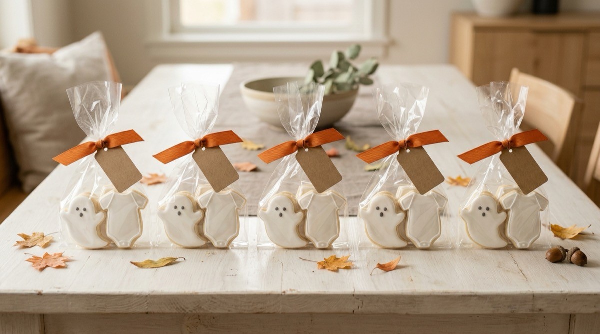 Favor bags with ghost and onesie sugar cookies tied in orange ribbon