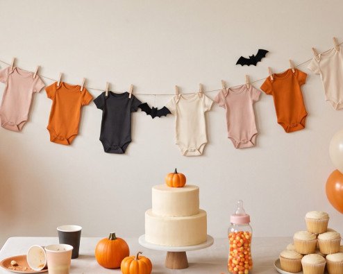 A Halloween baby shower dessert table with a garland of baby bodysuits, blush and orange balloons and a cake topped with a tiny pumpkin