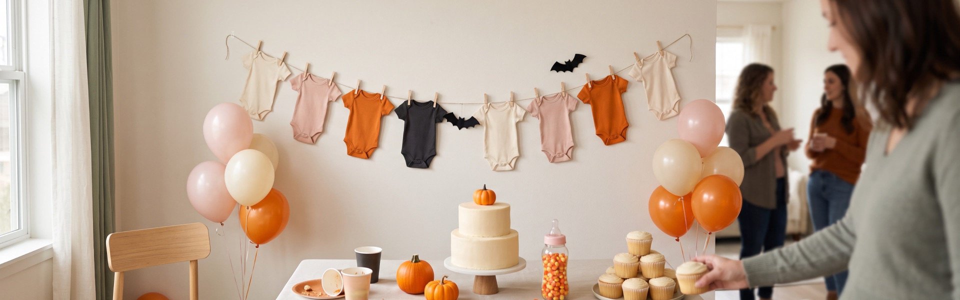 A Halloween baby shower dessert table with a garland of baby bodysuits, blush and orange balloons and a cake topped with a tiny pumpkin