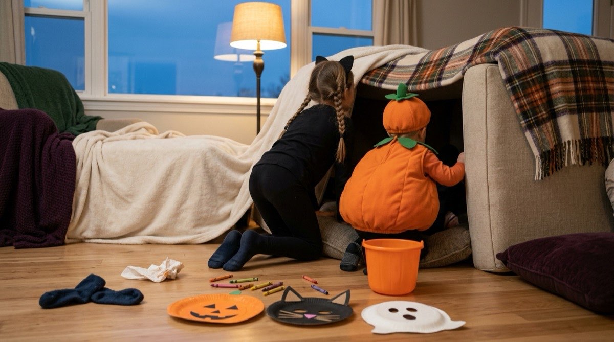Halloween activities at home: a blanket fort, paper masks and two children in costumes