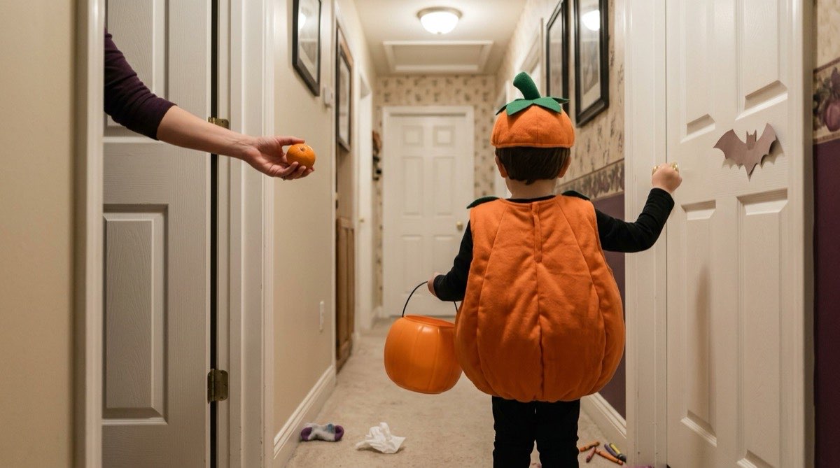 Child in a pumpkin costume knocking on a bedroom door for an indoor trick-or-treat