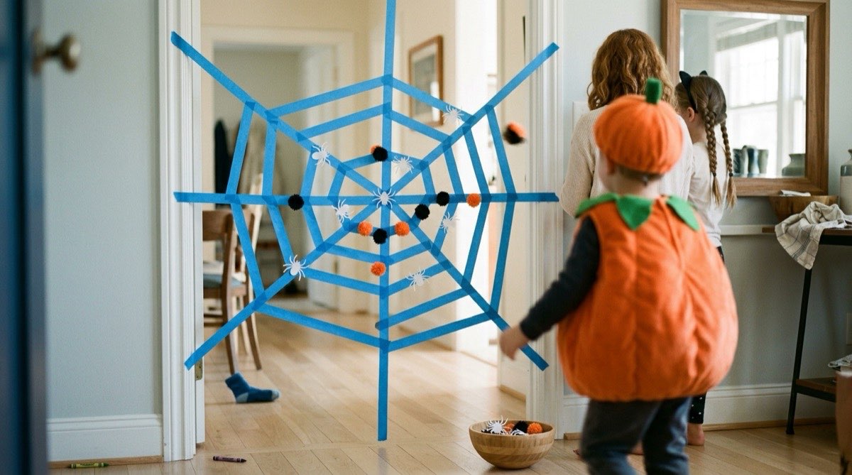 Painter's tape spider web across a doorway with paper spiders stuck to it