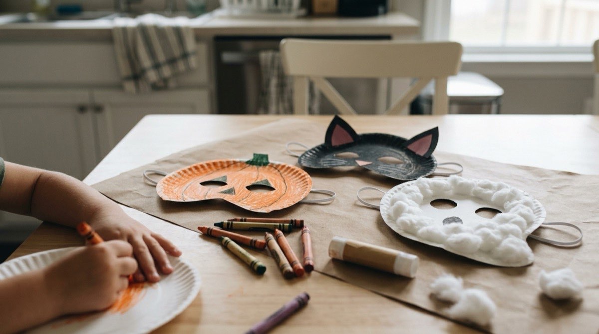 Paper plate masks of a pumpkin, a black cat and a ghost on a craft table