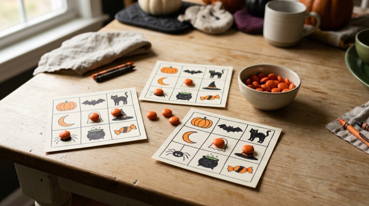 Halloween picture bingo cards with candy markers on a kitchen table
