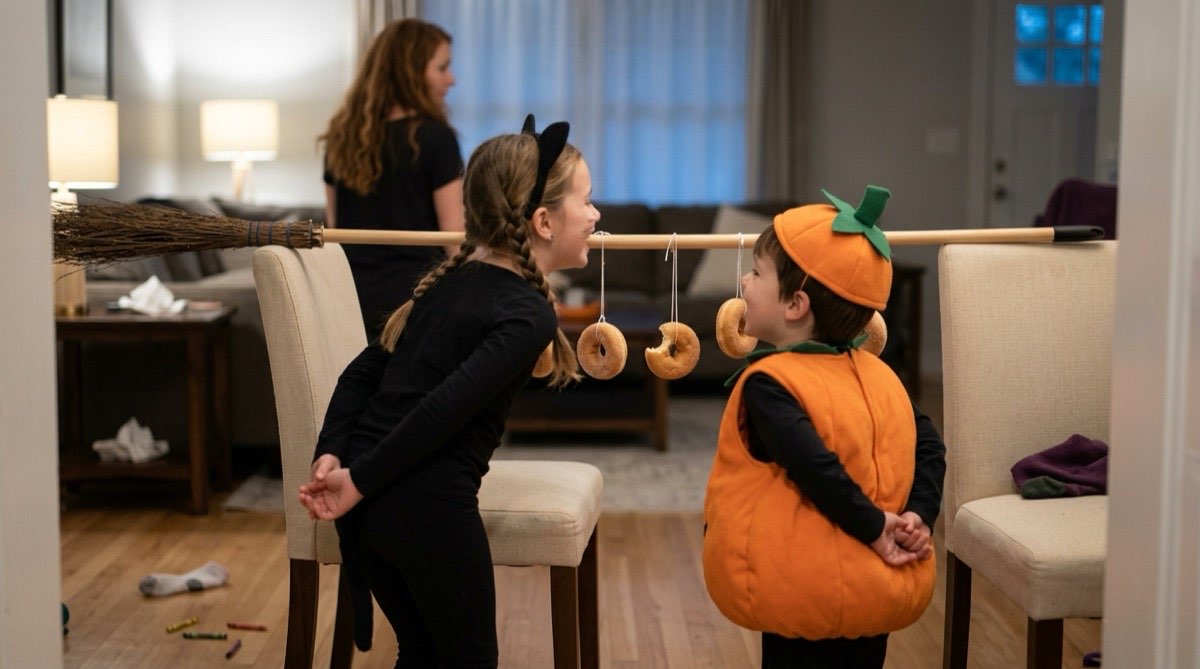 Children with hands behind their backs biting donuts hanging on strings