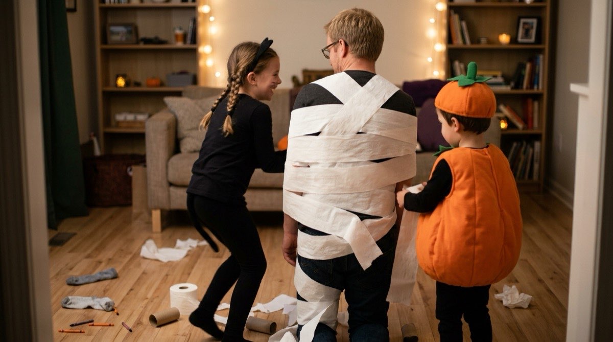 Two kids wrapping their dad in toilet paper in a Halloween mummy wrap race