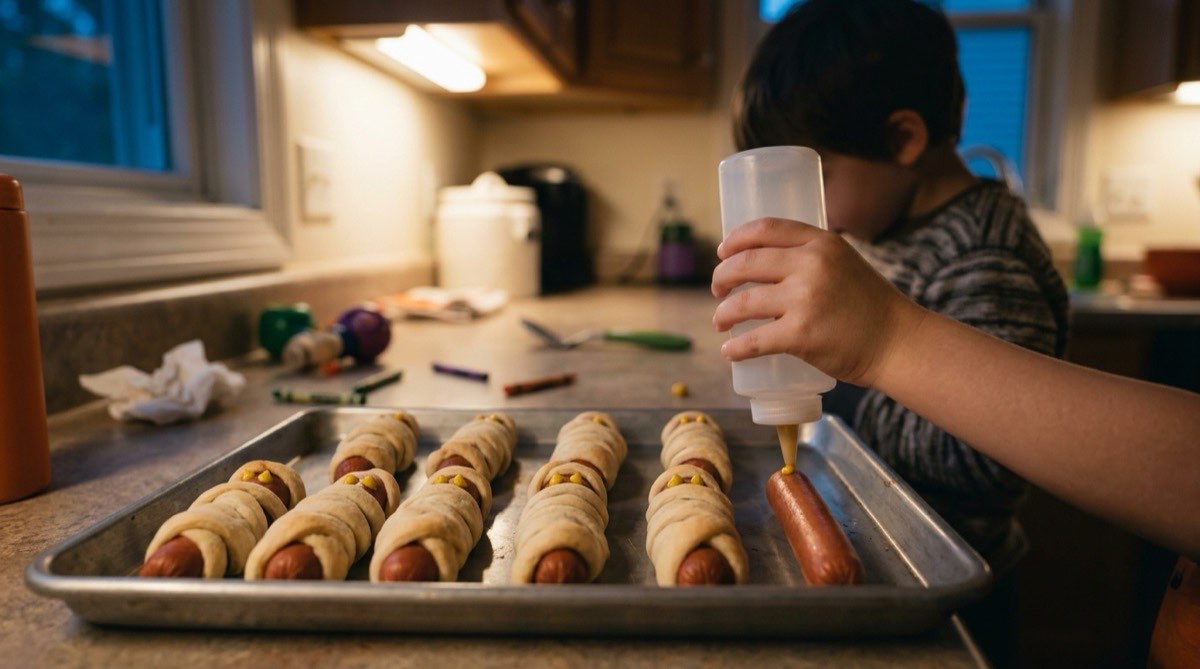 Mummy hot dogs wrapped in baked dough strips with mustard eyes on a tray
