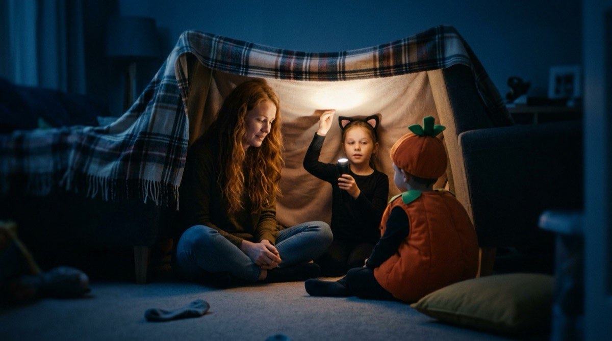 Family in a blanket fort telling ghost stories by flashlight in a dark room