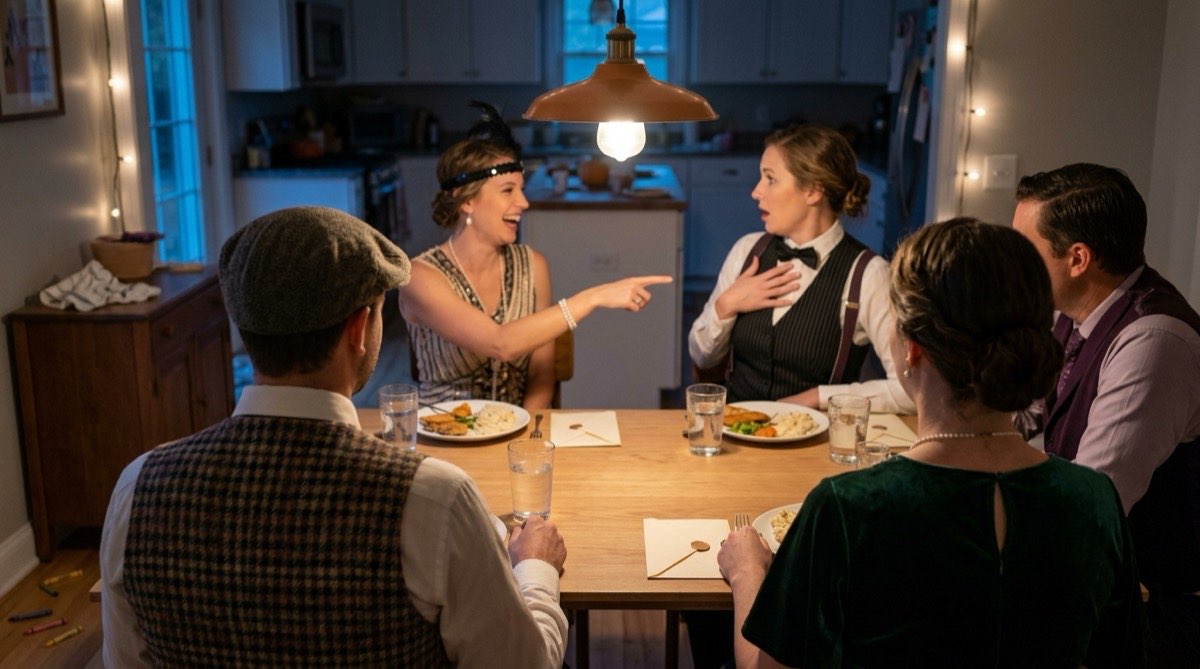 Adults in 1920s costumes around a dinner table at a murder mystery party