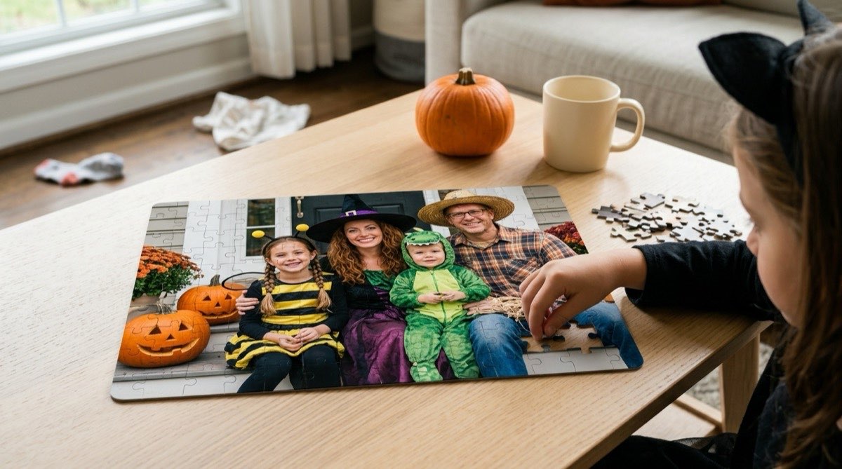Partly assembled photo puzzle of a family in Halloween costumes on a coffee table