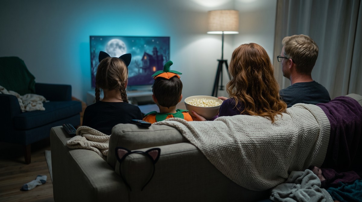 Family on a sofa under blankets with popcorn watching a Halloween movie
