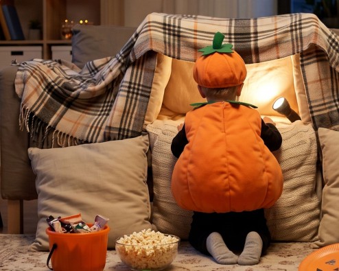 Kids in pumpkin and cat costumes at a blanket fort lit by a flashlight in a living room on Halloween night