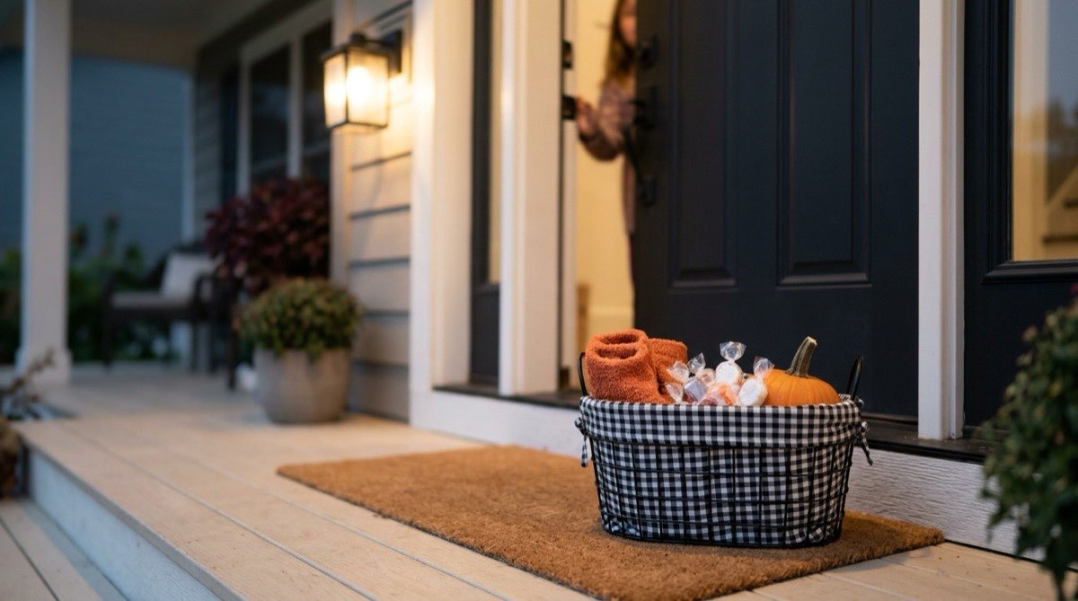 Boo basket ideas in one basket: socks, candy and a small pumpkin left on a doormat at dusk