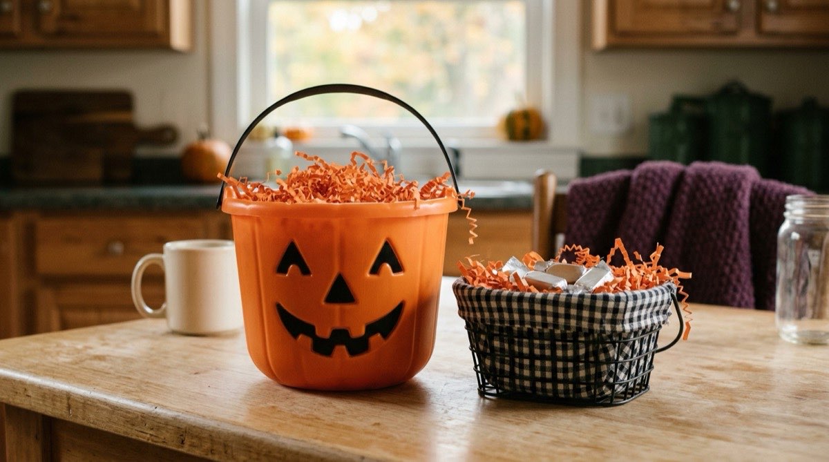 Orange pumpkin pail and a gingham-lined black wire basket as boo basket containers