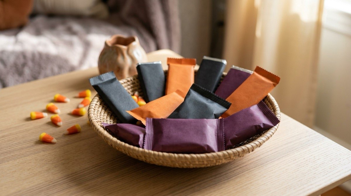 Halloween candy basket of full-size bars in plain orange, black and purple wrappers