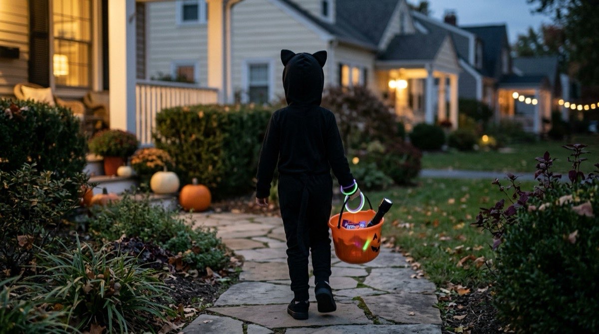 Child in a cat costume carrying a pumpkin pail of glow sticks and a flashlight