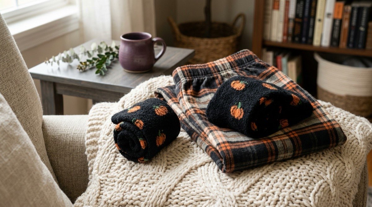 Fuzzy pumpkin socks and plaid flannel pajama pants for a boo basket