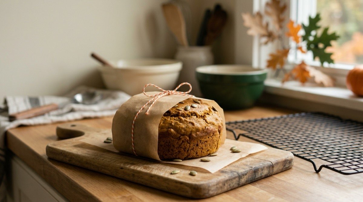 Loaf of pumpkin bread wrapped in parchment and tied with orange twine