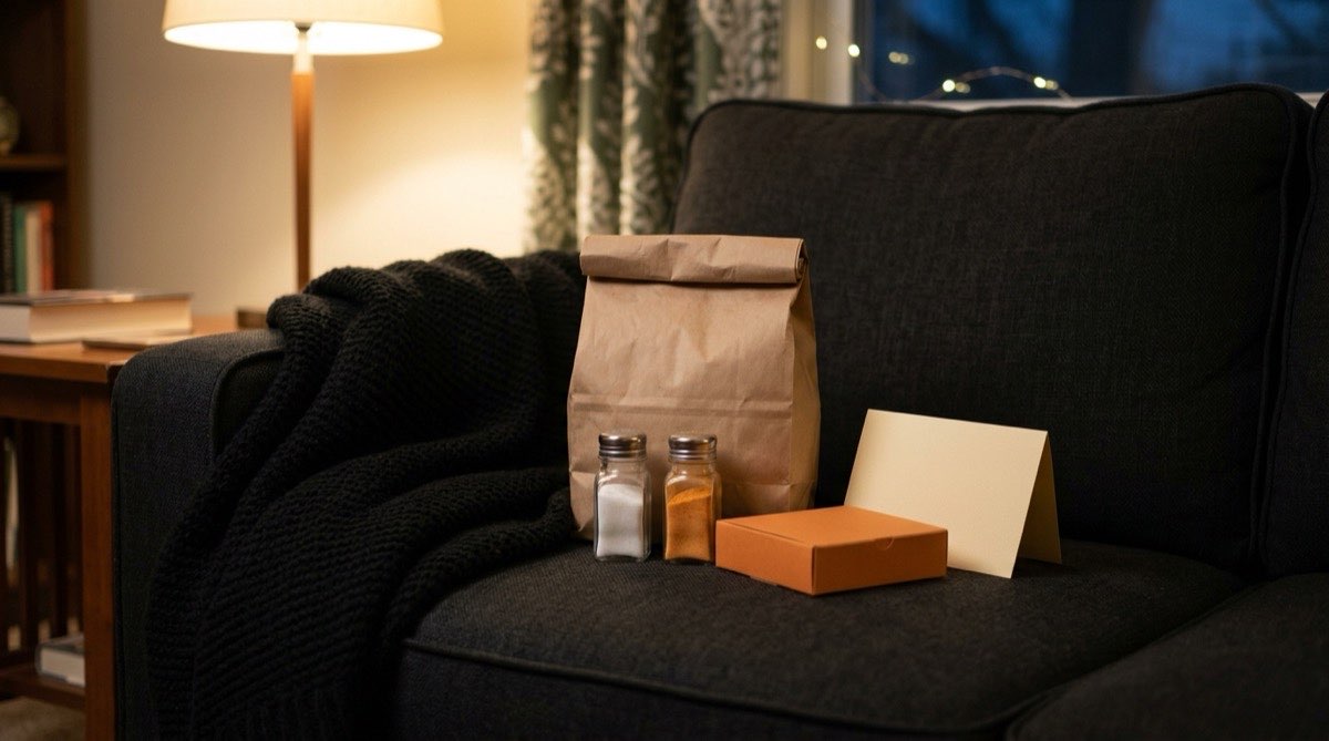 Scary movie night kit with popcorn kernels, seasoning and candy on a sofa