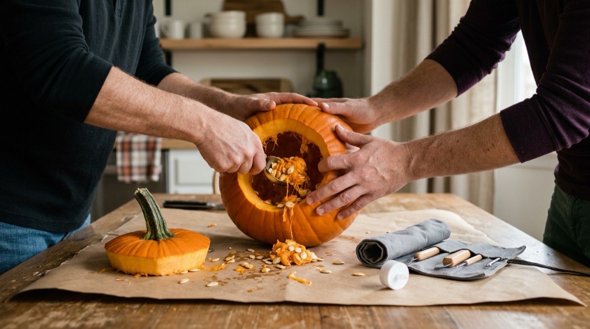 Hands scooping a pumpkin next to a carving tool roll and a battery tea light