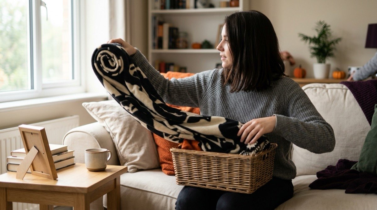 Woman pulling a fleece throw out of a boo basket on a sofa
