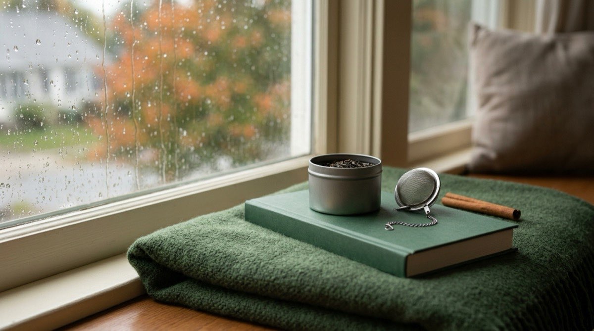 Paperback ghost story with a tin of tea and a strainer on a wool blanket