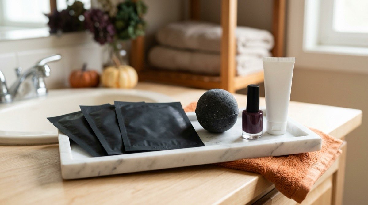 Black sheet masks, a charcoal bath bomb and plum nail polish on a marble tray