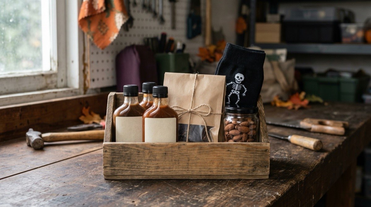 Wooden crate of hot sauces, jerky, smoked almonds and skeleton socks