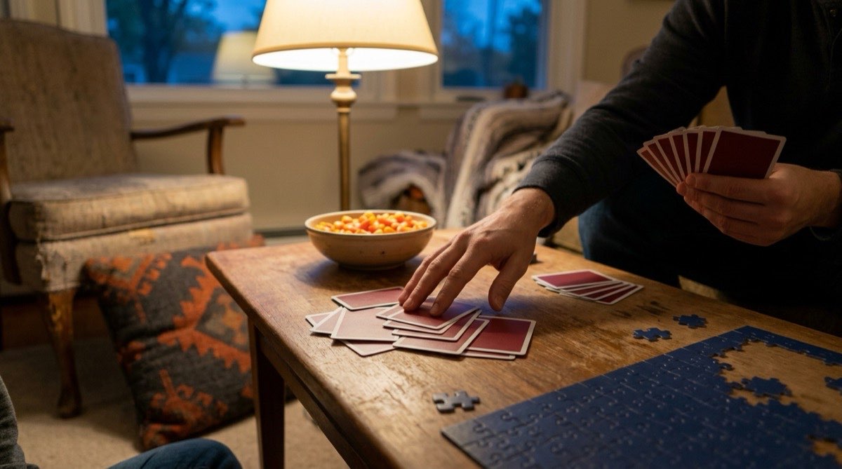 Two people playing cards beside a bowl of candy corn and a jigsaw puzzle