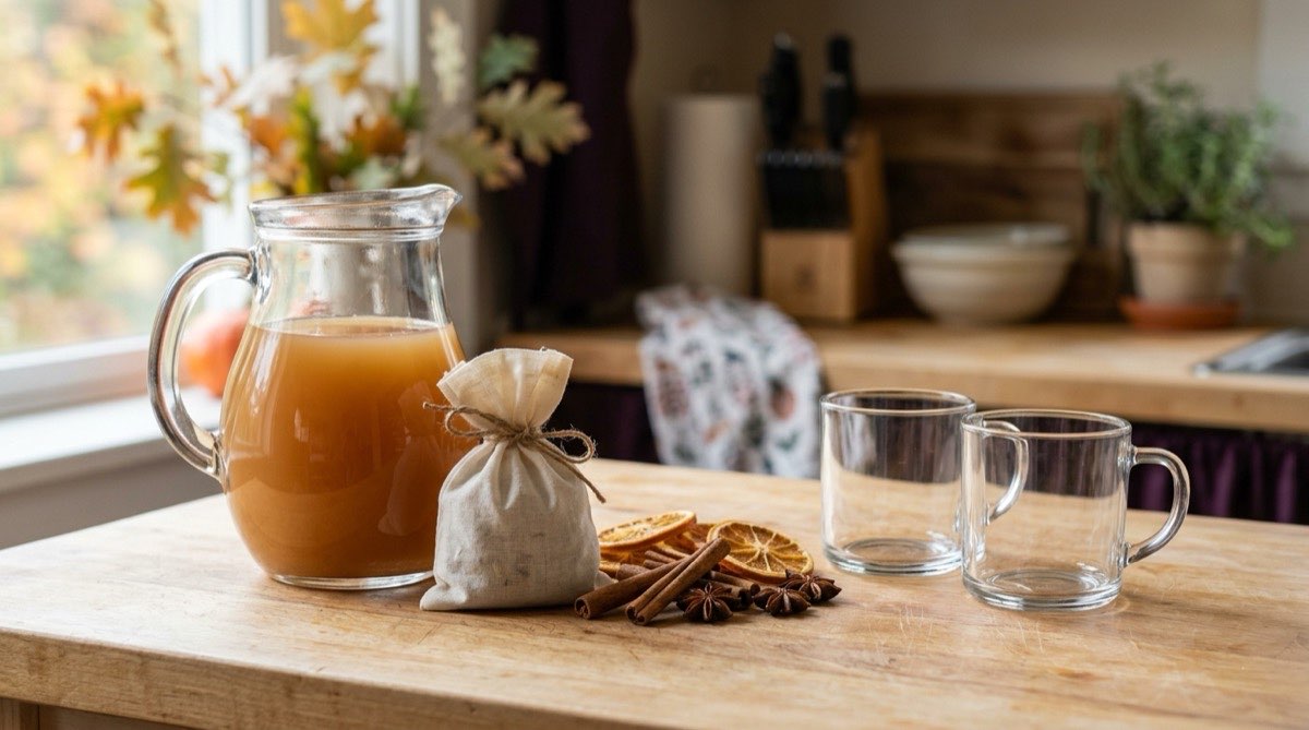 Jug of apple cider with mulling spices, cinnamon sticks and dried orange slices