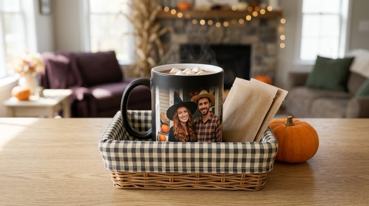 Matte black magic mug showing a couple's Halloween photo above hot cocoa