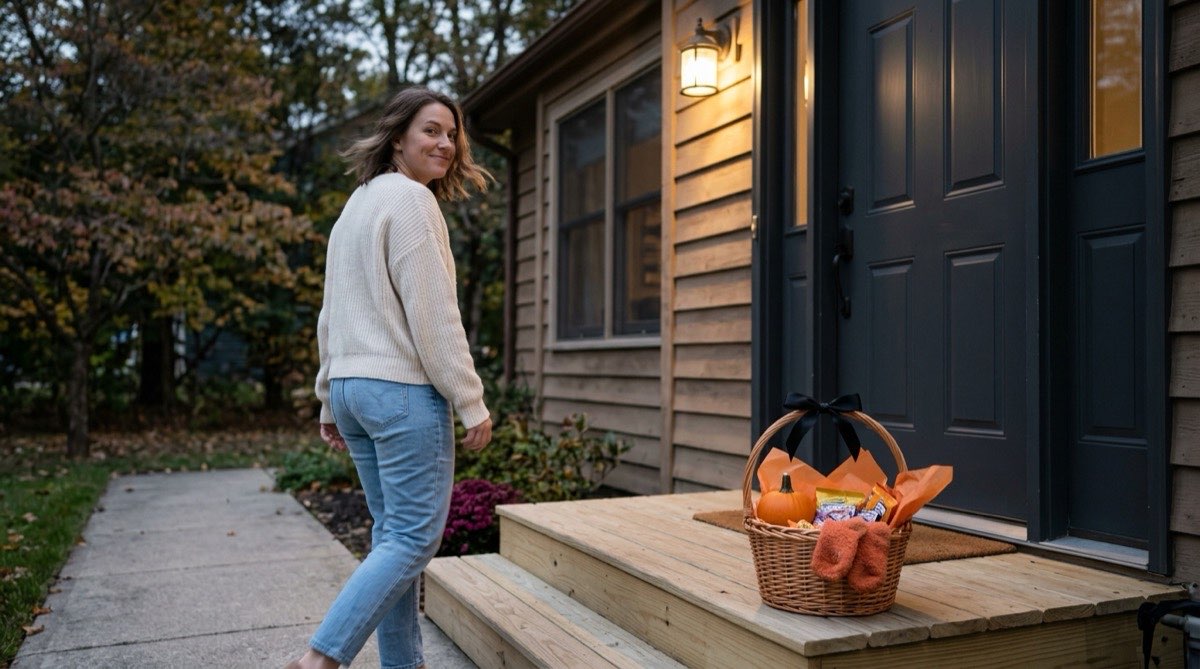 Person hurrying away from a porch after leaving a wrapped Halloween boo basket