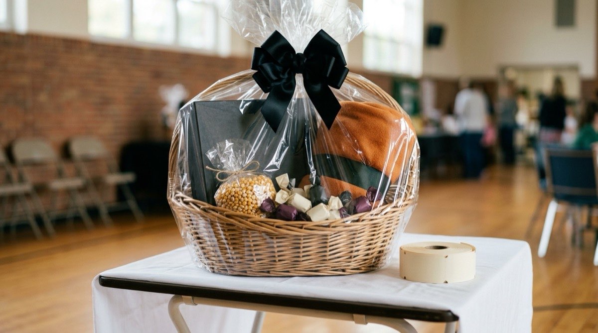 Large cellophane-wrapped raffle basket with a board game, throw and popcorn