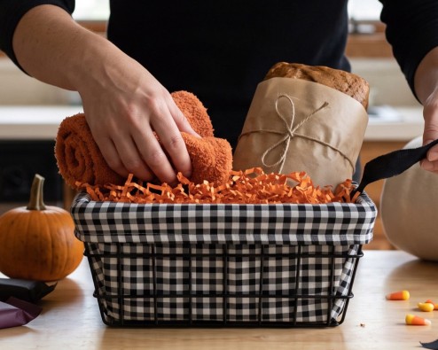 Hands packing a gingham-lined wire boo basket with fuzzy orange socks, wrapped pumpkin bread and candy on a kitchen counter