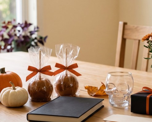 Halloween gifts on a wooden table: pumpkins, caramel apples, a black book, a skull glass, a wrapped gift and a potted mum