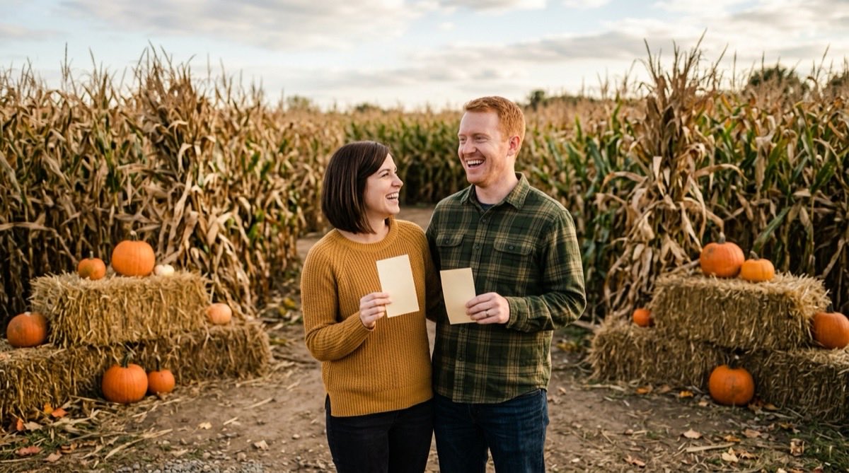 Couple with tickets laughing at the entrance of a corn maze in autumn