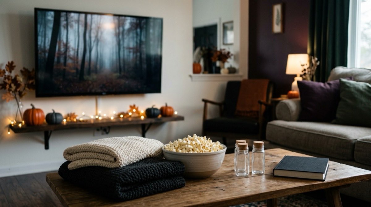 Horror movie night set with popcorn, blankets and a book on a coffee table