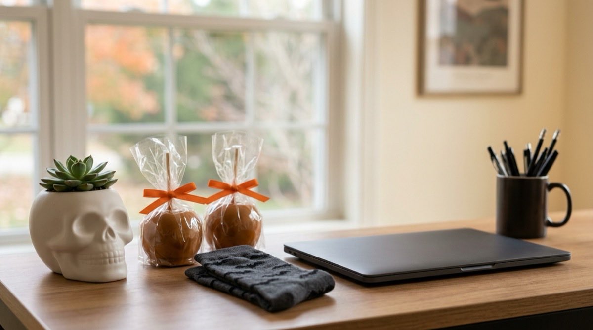 Succulent in a skull planter, caramel apples and bat socks on an office desk