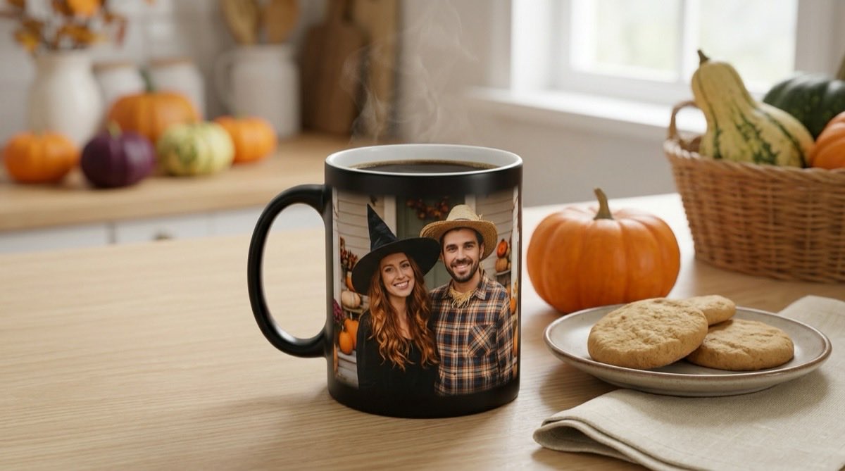 Matte black magic mug showing a couple's Halloween costume photo above hot coffee