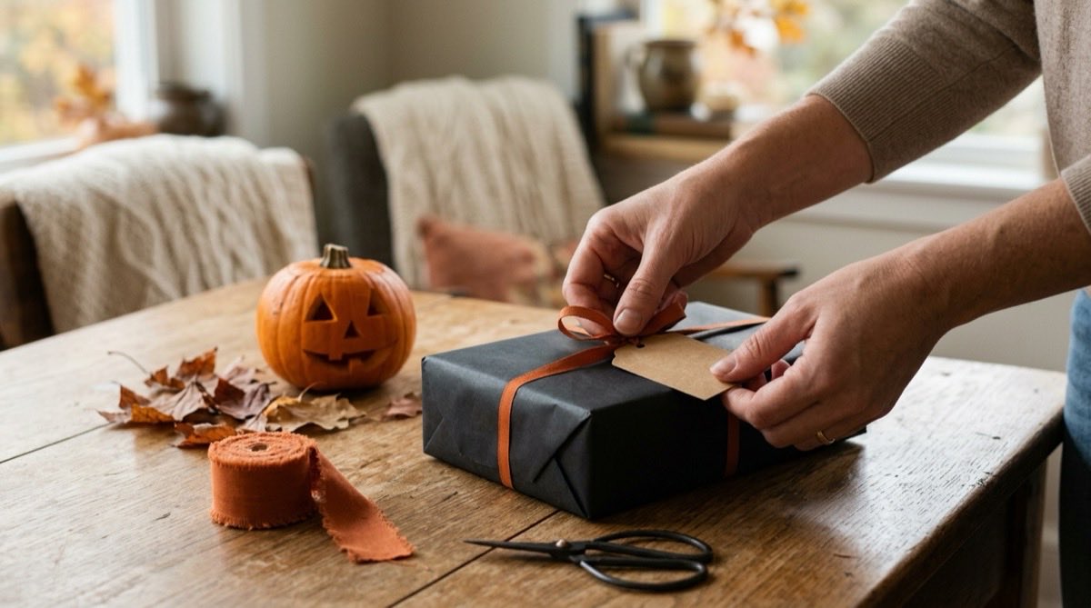 Hands tying a kraft tag with orange ribbon to a gift wrapped in black paper