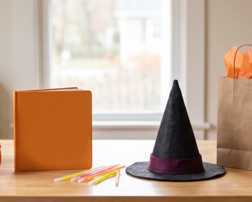 Halloween gifts for kids on a table: a plush pumpkin, pumpkin stacking cups, a picture book, glow sticks, a witch hat and a gift bag