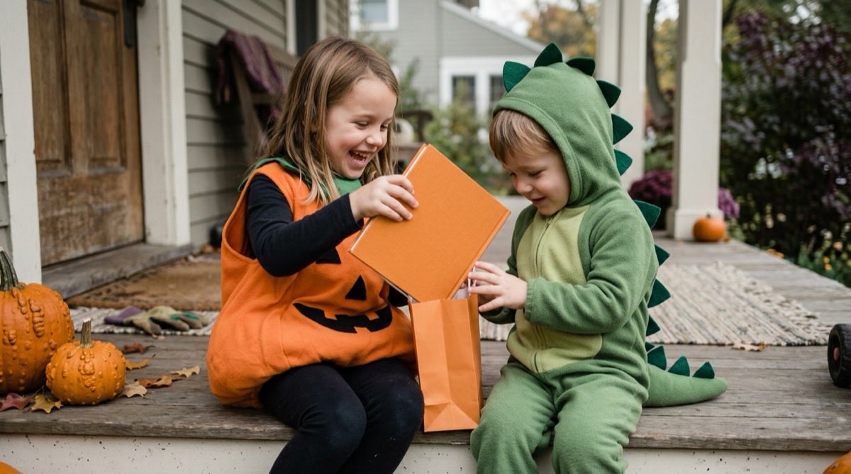 Two young children in costumes opening a small Halloween gift bag on a porch step
