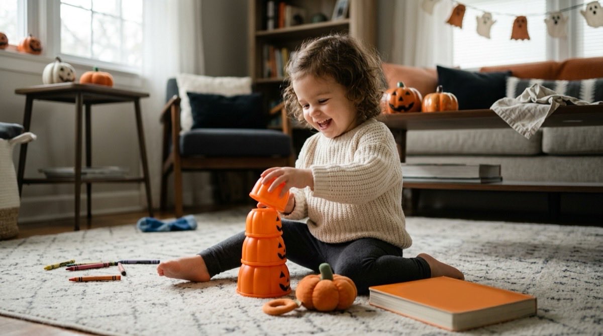 Toddler stacking pumpkin-shaped cups on a rug beside a soft pumpkin rattle and a board book