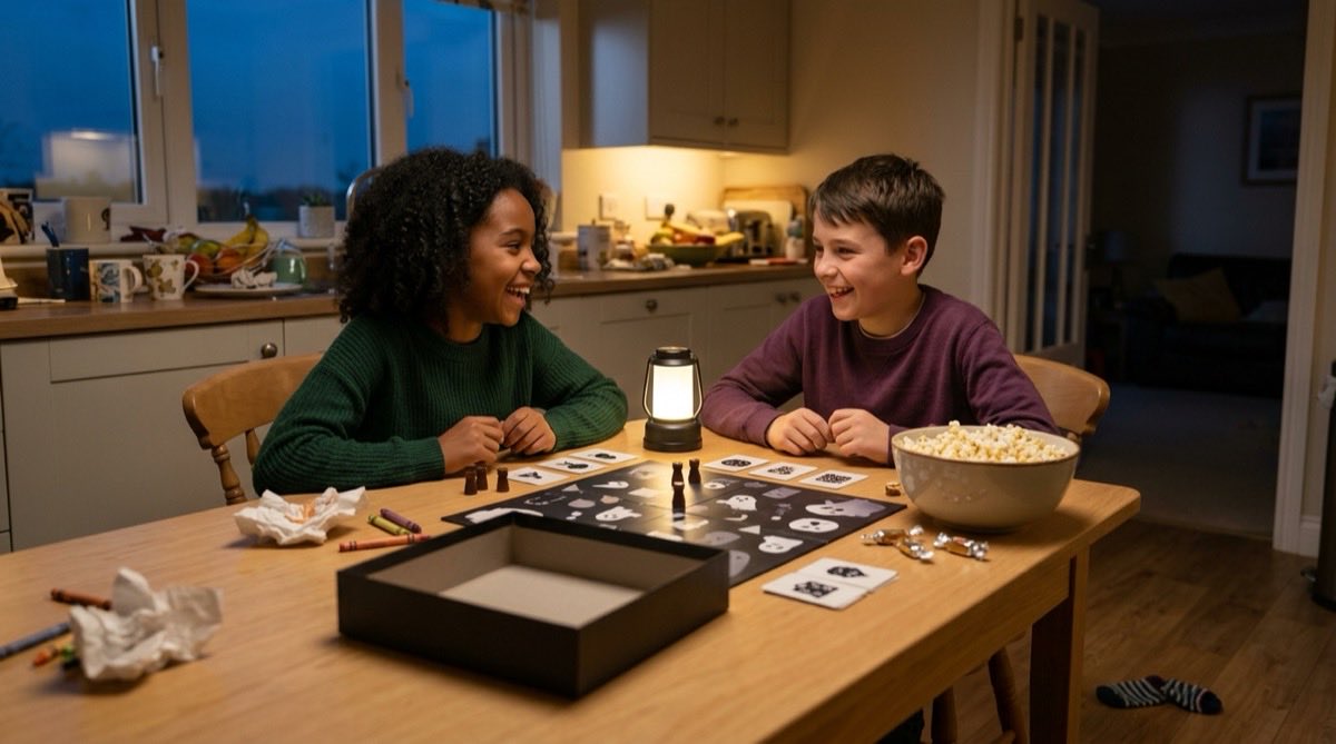 Two children laughing over a spooky family board game by a battery lantern