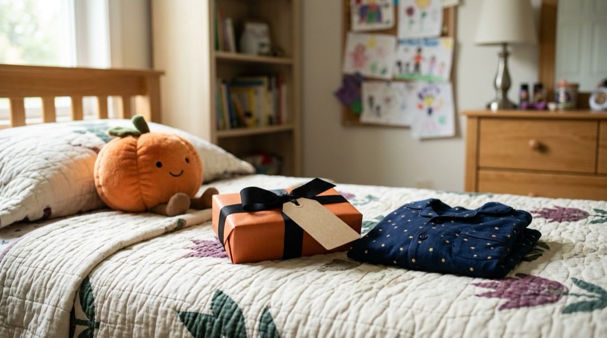 Small wrapped Halloween gift and folded star pajamas on a child's bed in morning light