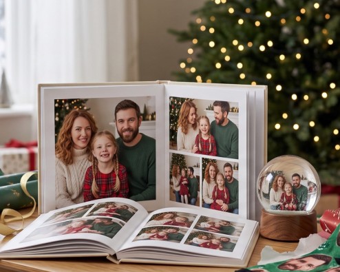 Christmas photo gifts on a coffee table by the tree: an open family photo book, a photo snow globe and socks printed with a face