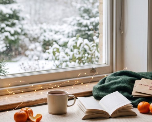 A quiet Christmas morning by the window How to spend Christmas alone: a quiet window seat on a snowy morning with cocoa, an open book, clementines and a stack of letters