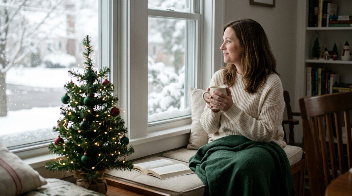 Woman with a mug on a window seat on Christmas morning beside a small lit tabletop tree