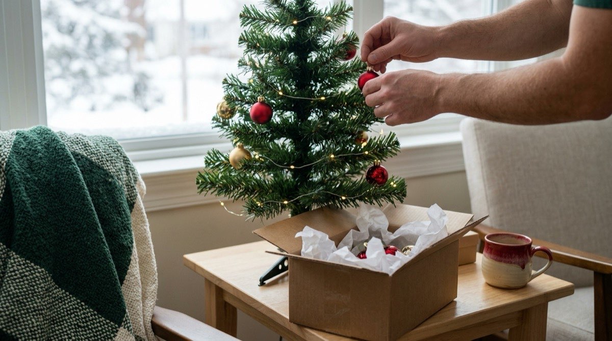 Small tabletop Christmas tree with warm lights on a side table, hands hanging the last ornament
